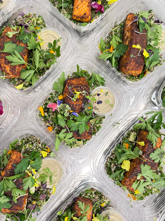 blackened salmon with quinoa tabbouli, lentils + lemon tahini dip