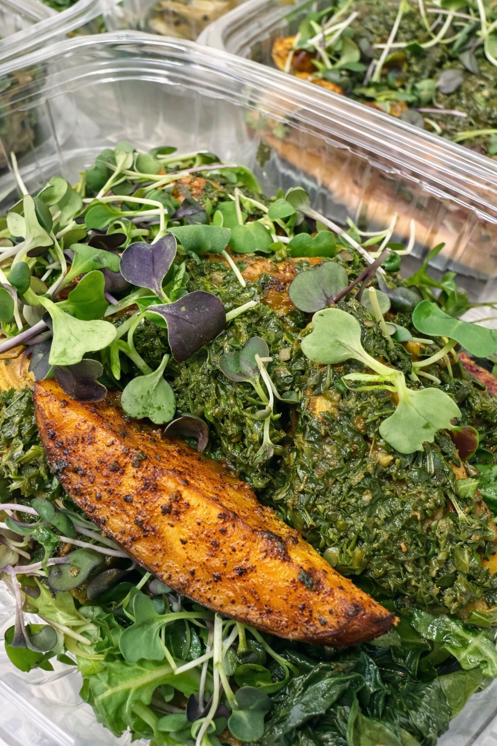 chimichurri tempeh with sweet potatoes + broccoli