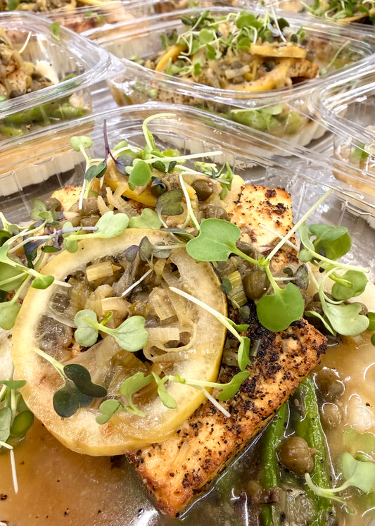 tempeh piccata with cauliflower mash + haricot vert