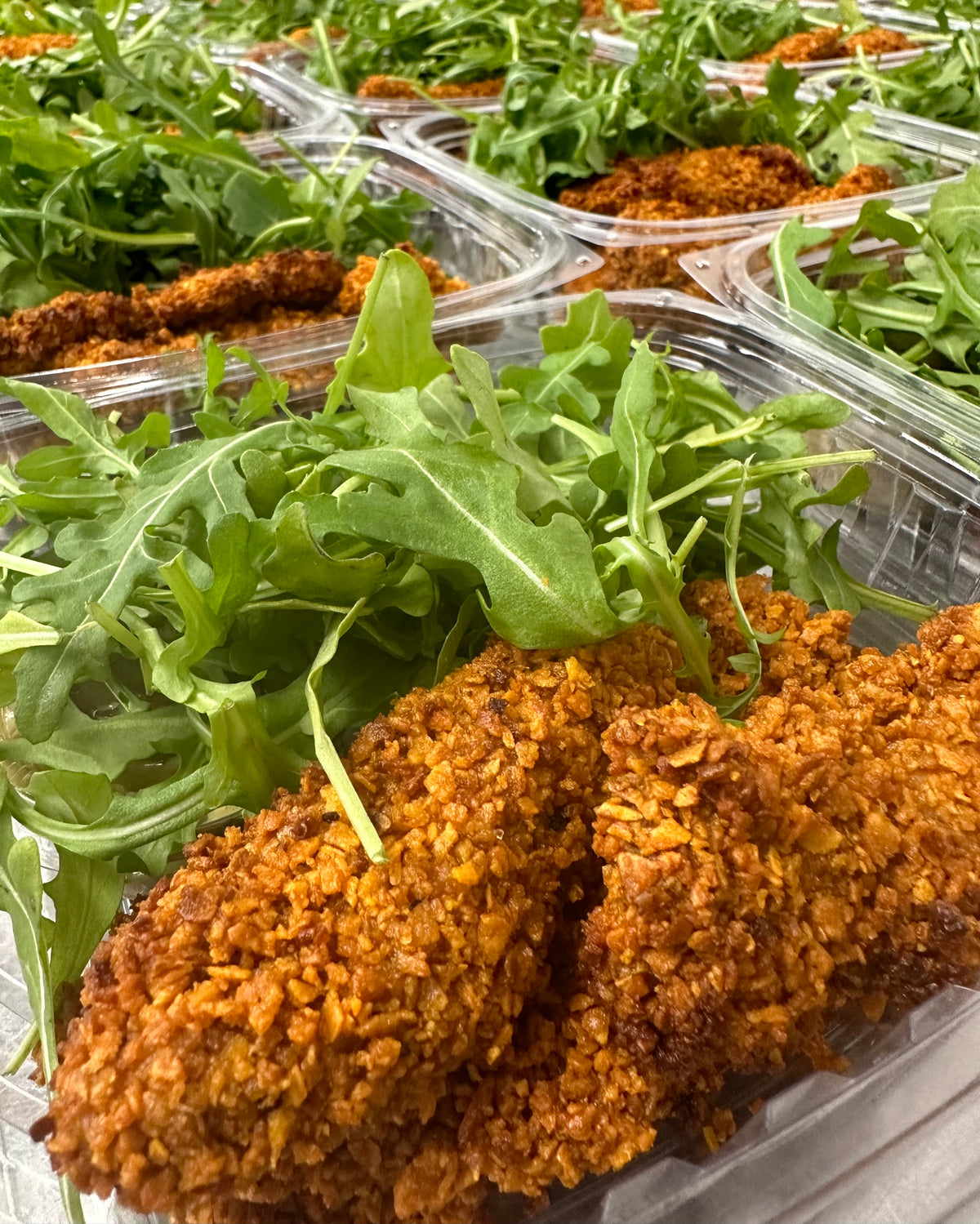 crunchy chicken tenders with arugula salad + maple mustard