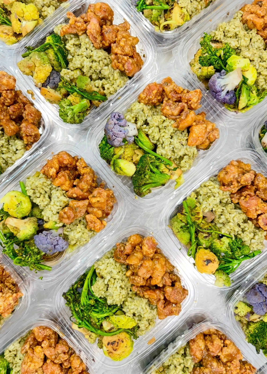 honey garlic popcorn cauliflower with purple rice and sautéed veggies
