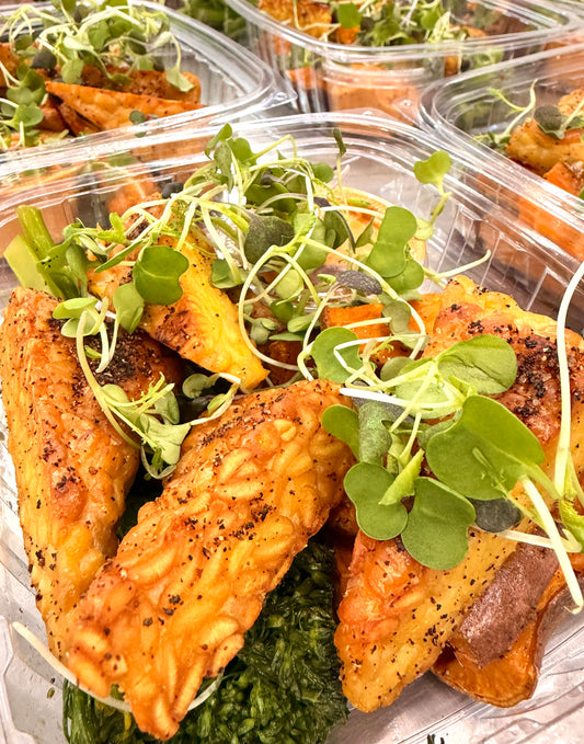 romesco tempeh with sweet potato wedges + broccolini