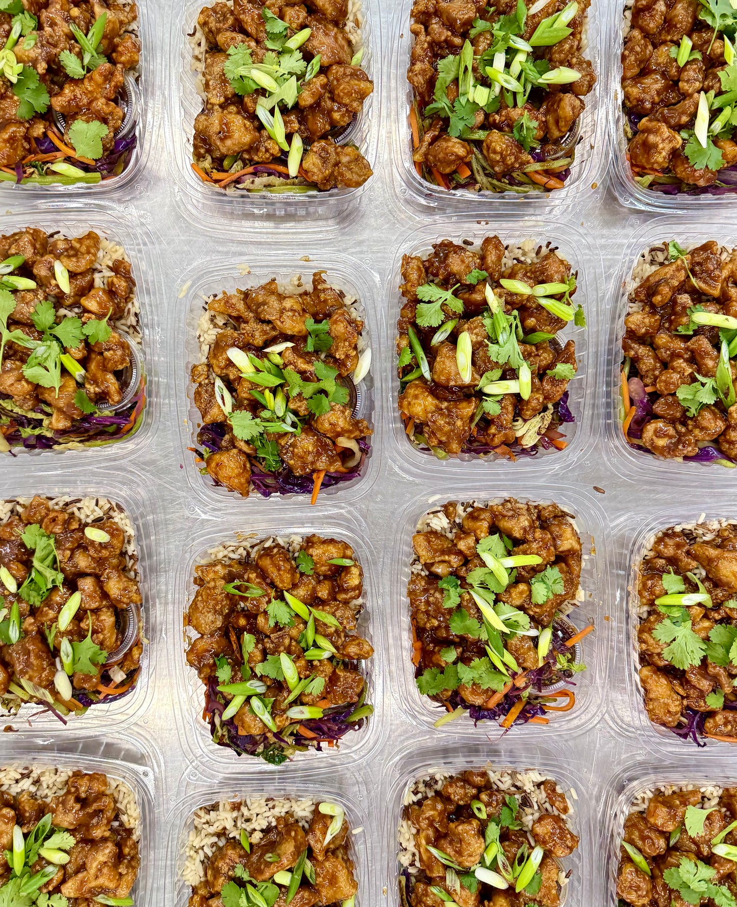 general tso chicken with cabbage chow mein and wild rice