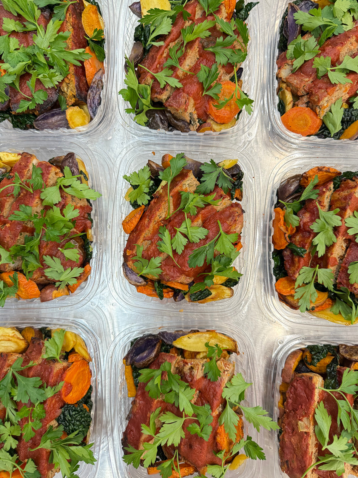 herby turkey meatloaf with roasted rainbow vegetables