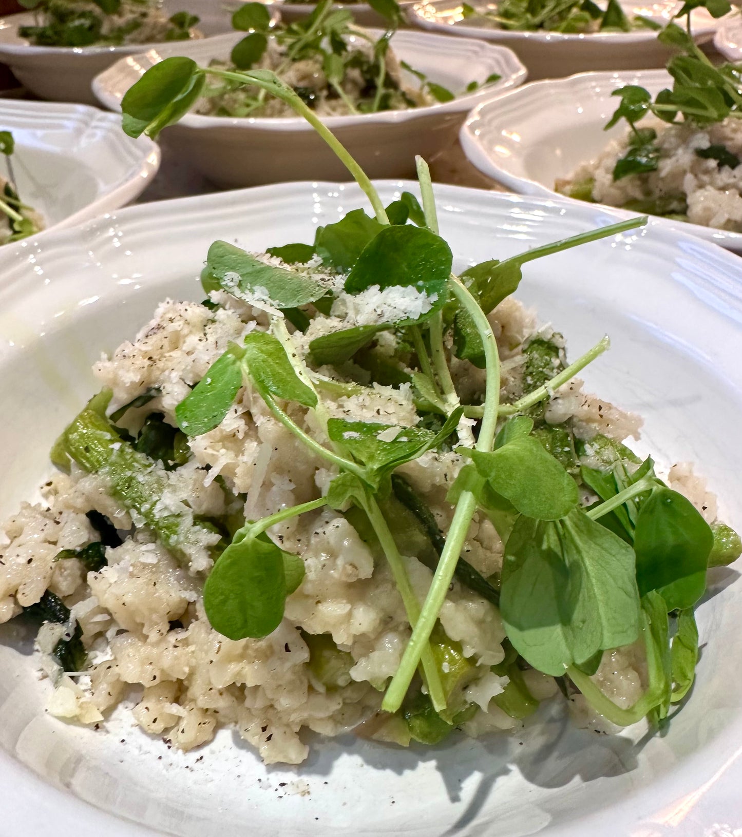 summer risotto with basil pesto, garlicky tomato, pecorino