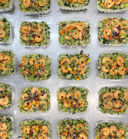 ramp risotto with sautéed wild shrimp, asparagus, spring peas