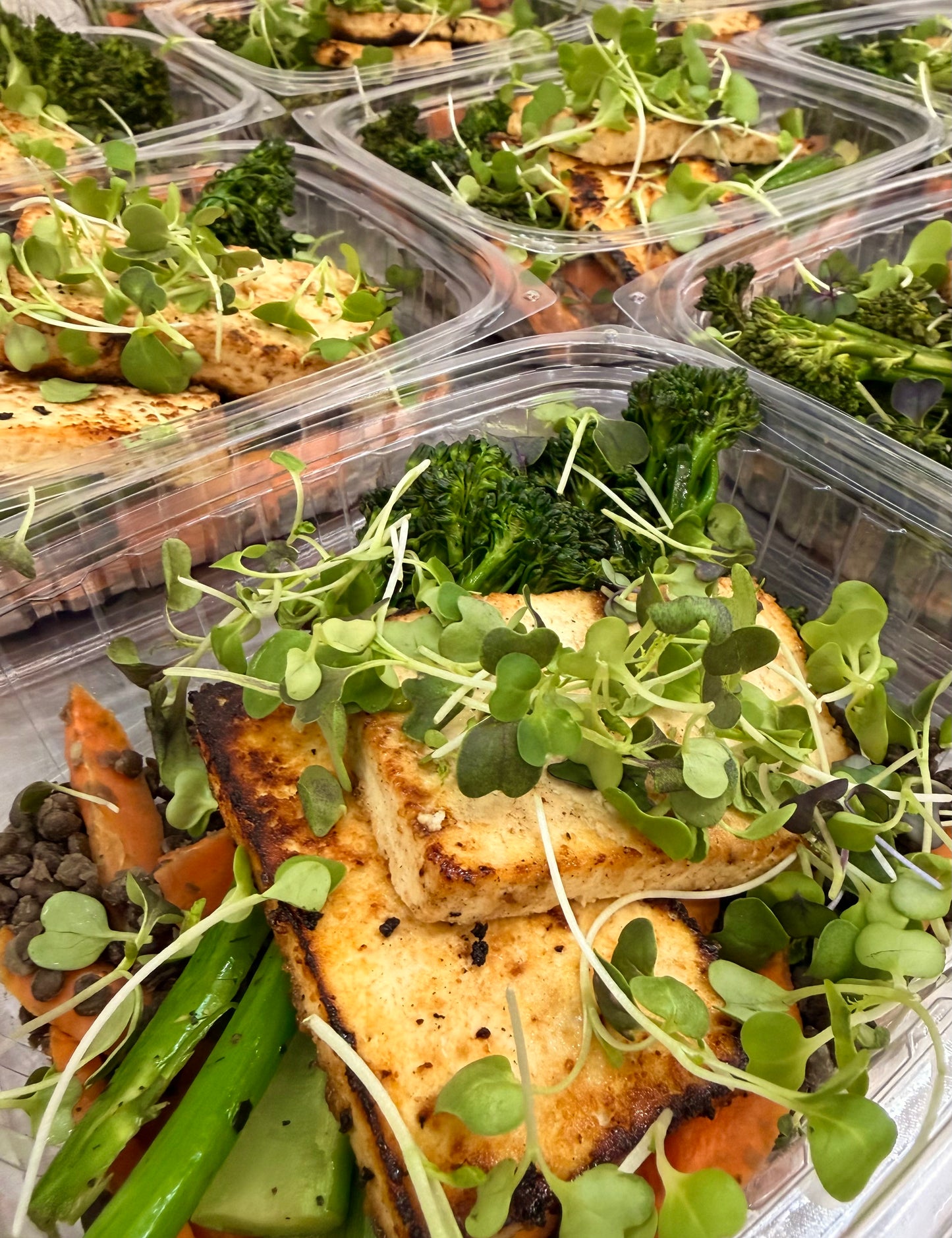 citrus miso tofu with roast carrots, black lentils, broccolini