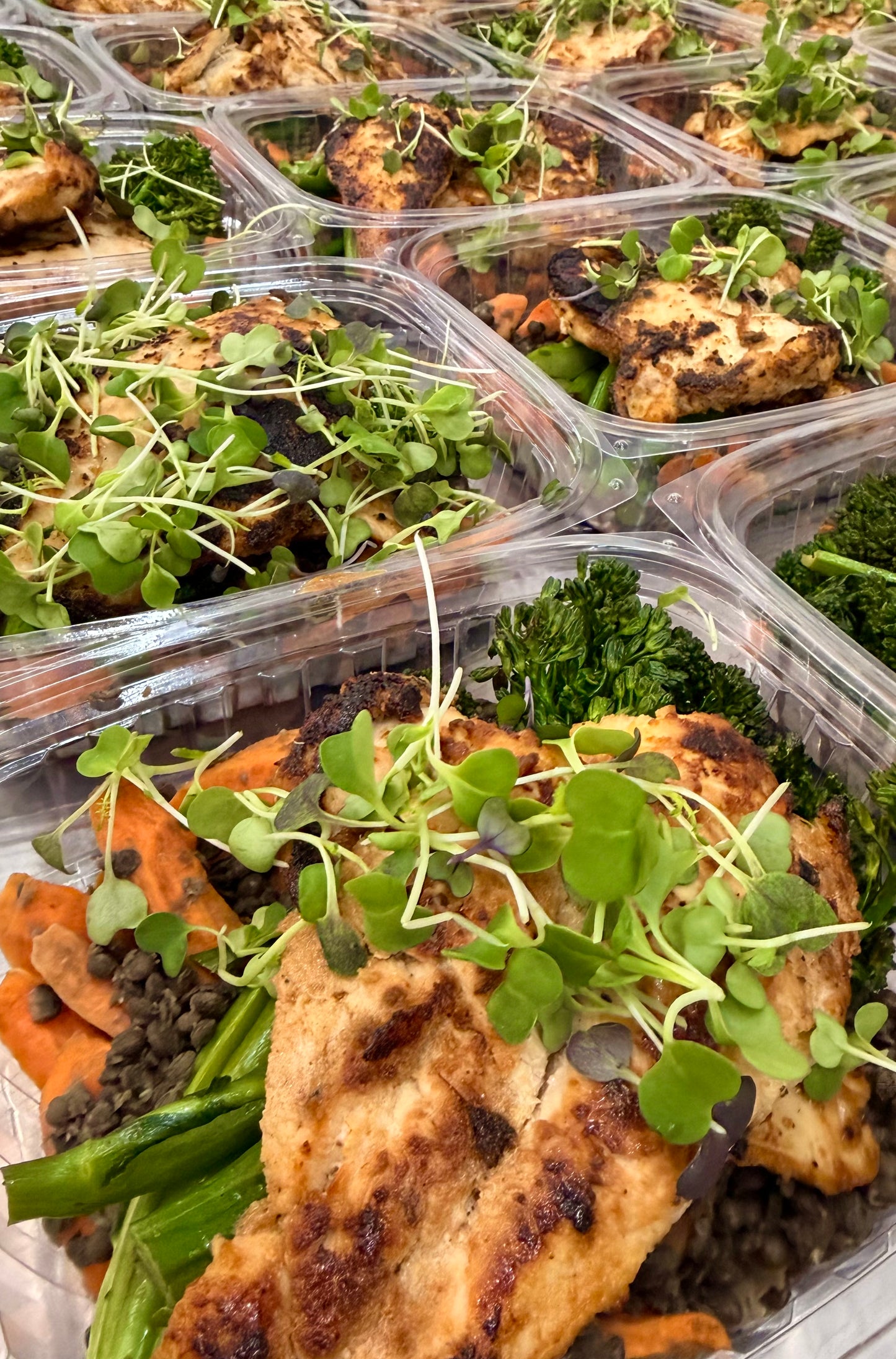 citrus miso chicken with roast carrots, black lentils, broccolini