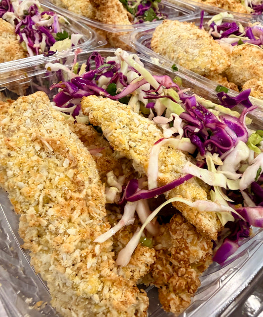 coconut chicken tenders with kale jicama slaw + chili mango dip