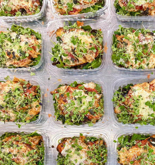 chicken parmesan with kale, spinach + spaghetti squash