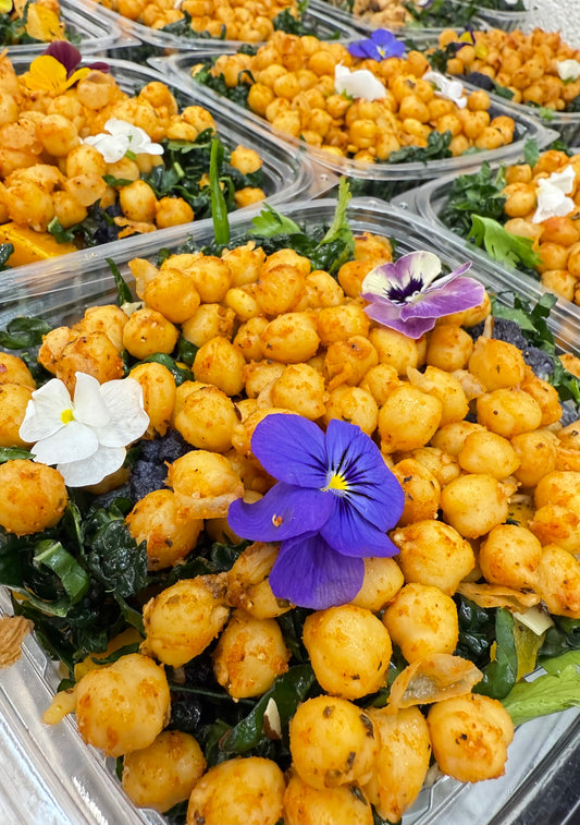 moroccan kale salad with stewed chickpeas and creamy harissa dressing