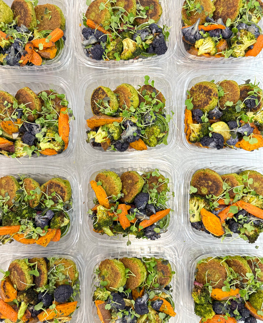 lemon basil fava bean fritters with creamy sun gold sauce + rainbow vegetables