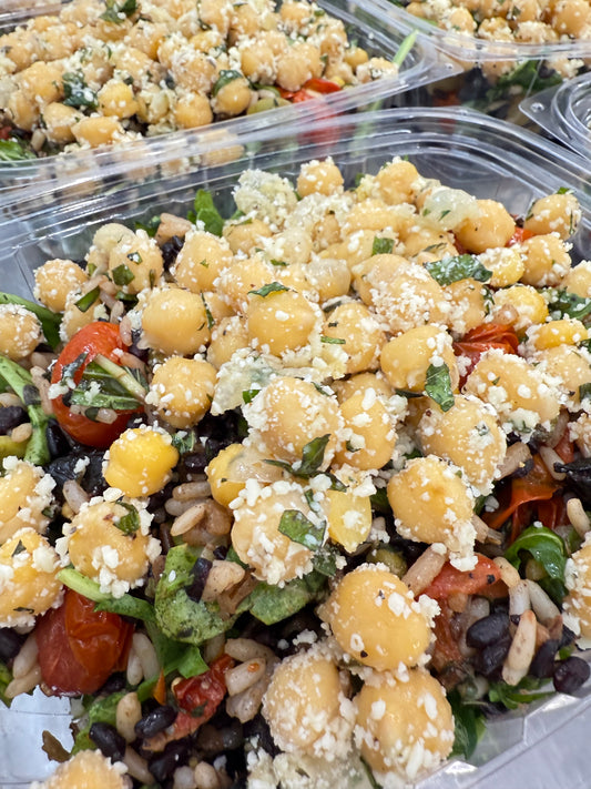 caponata rice bowl with pecorino-crusted fava beans