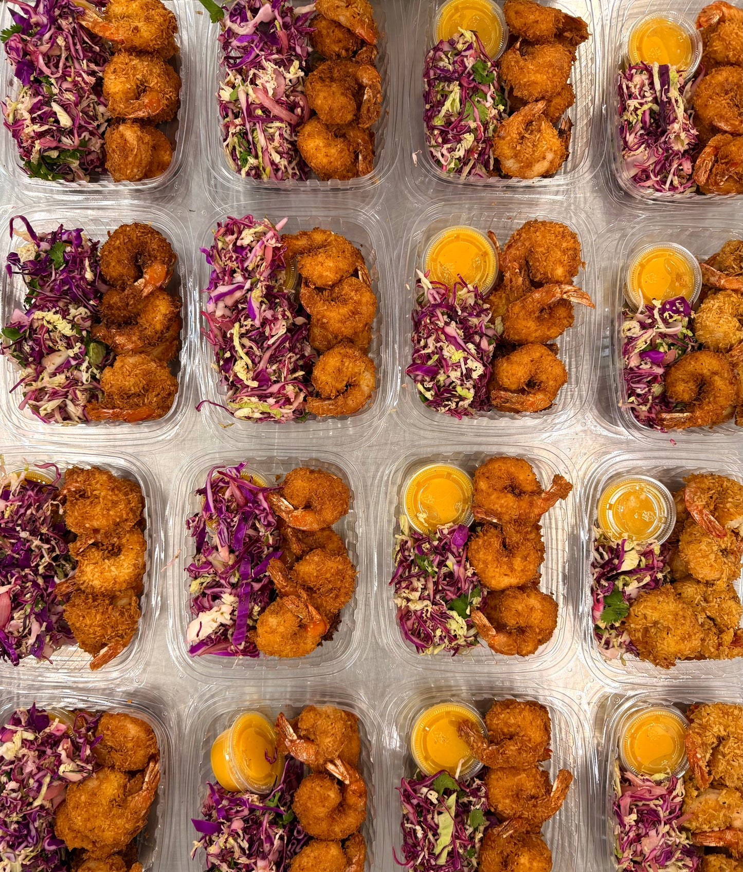 coconut shrimp with kale jicama slaw + chili mango dip