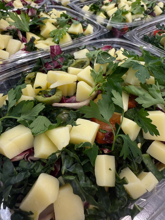 italian chopped kale salad with provolone and zesty vinaigrette
