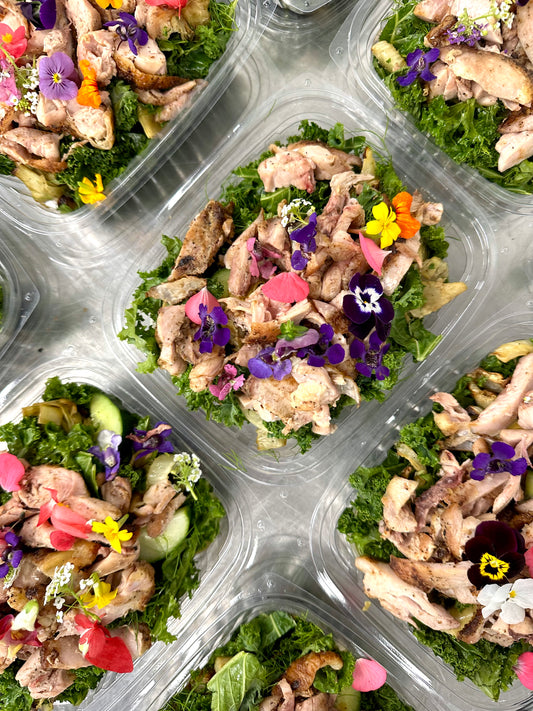 summer kale salad with grilled chicken and creamy balsamic dressing