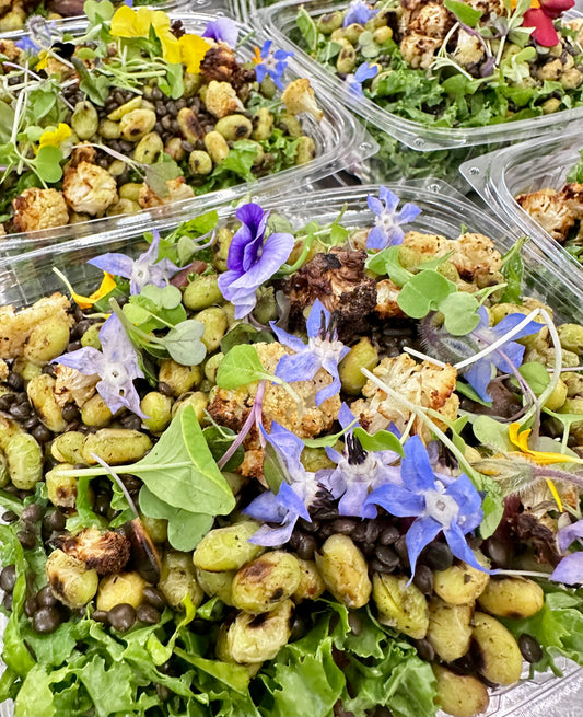 summer kale salad with favas, black lentils, feta, and creamy balsamic dressing
