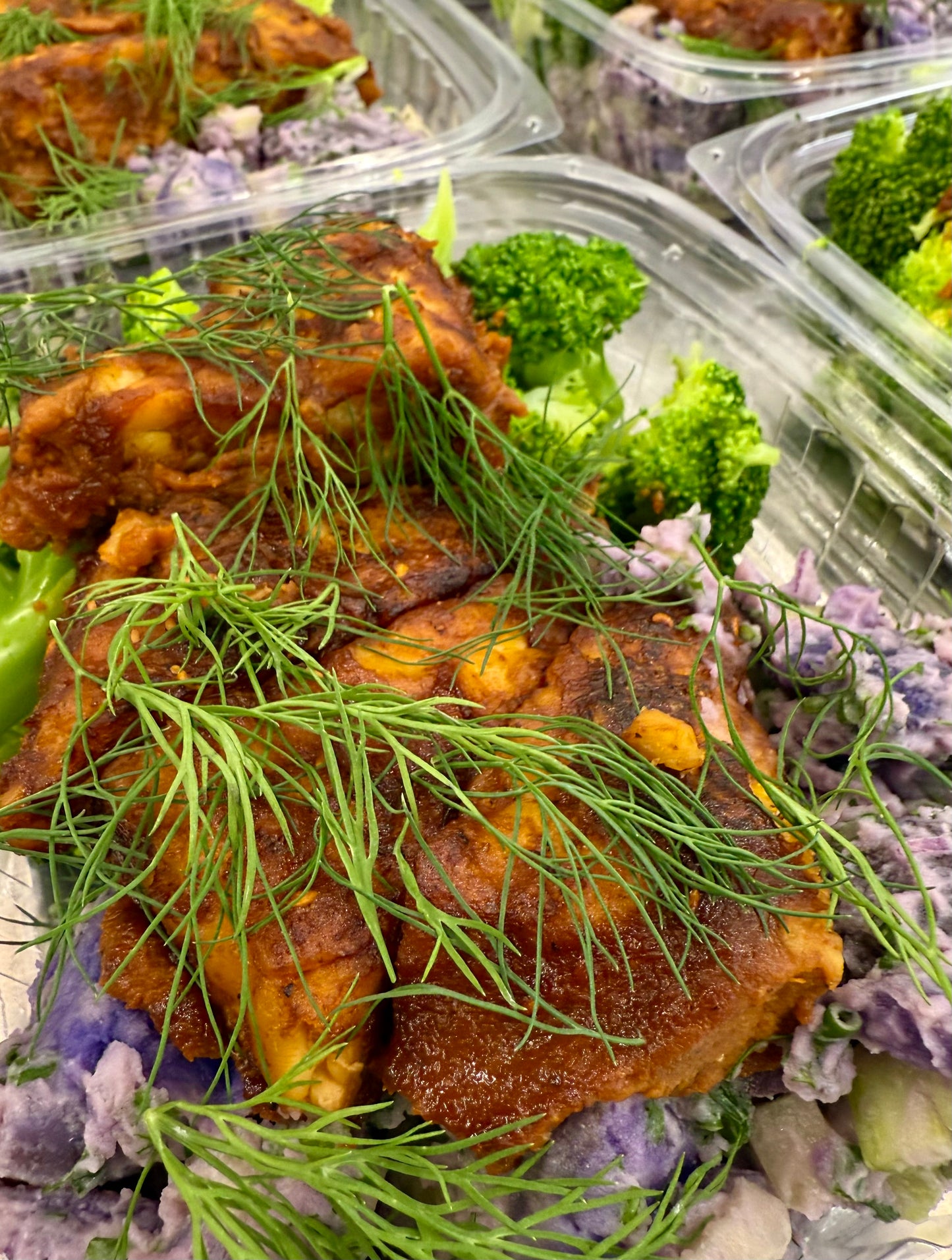 bbq tempeh with purple potato salad + steamed broccoli