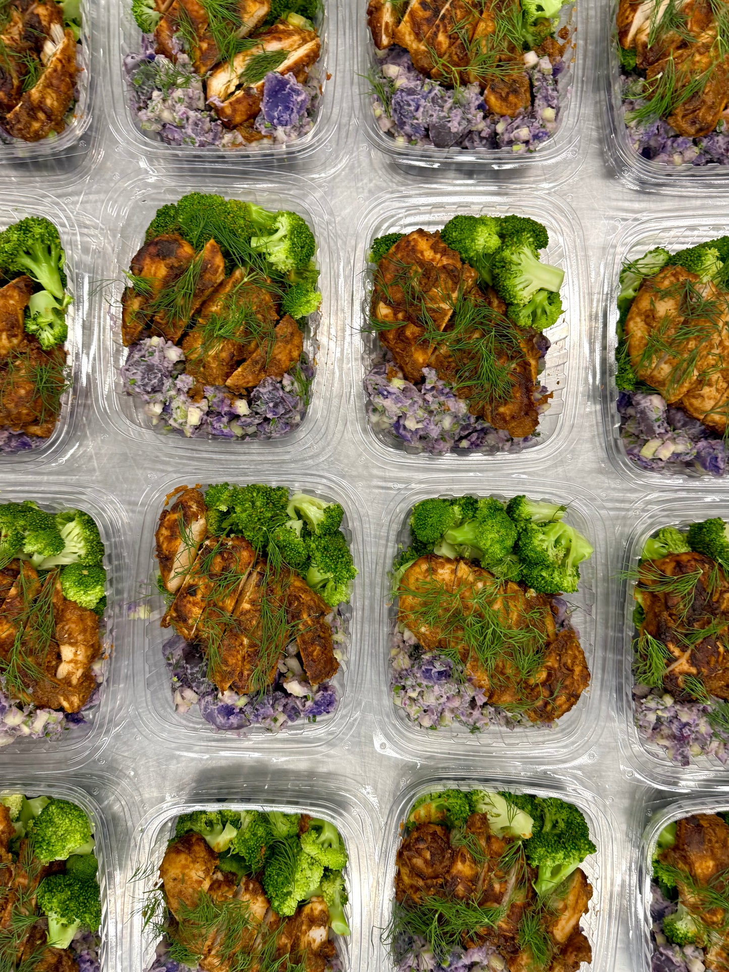 bbq chicken with purple potato salad + steamed broccoli