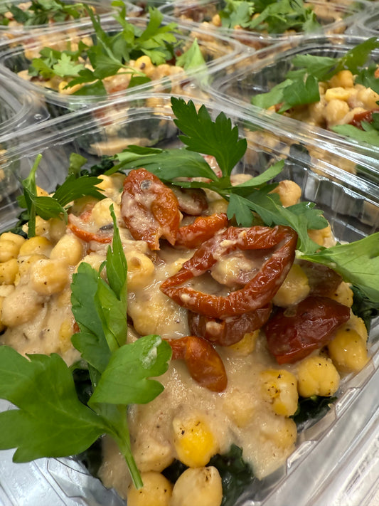 creamy sun-dried tomato chickpeas with kale + broccoli