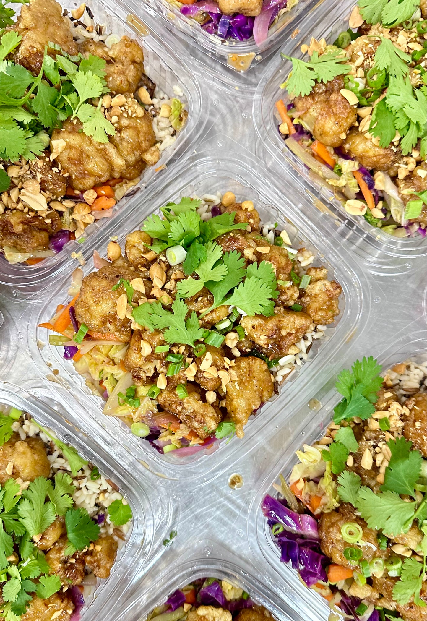 general tso chicken with cabbage chow mein and wild rice