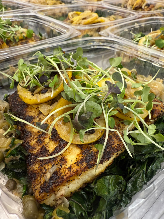 tofu piccata with cauliflower mash + asparagus