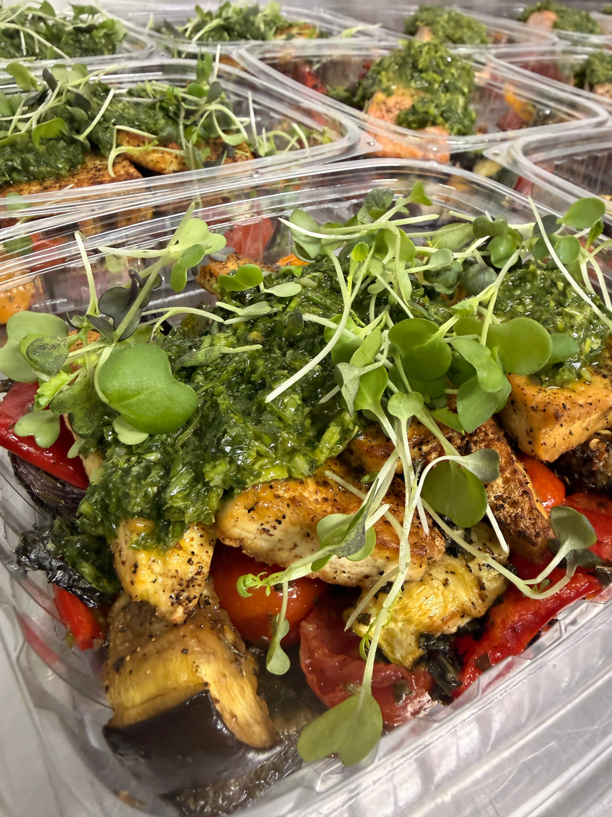 salsa verde tofu with roasted ratatouille