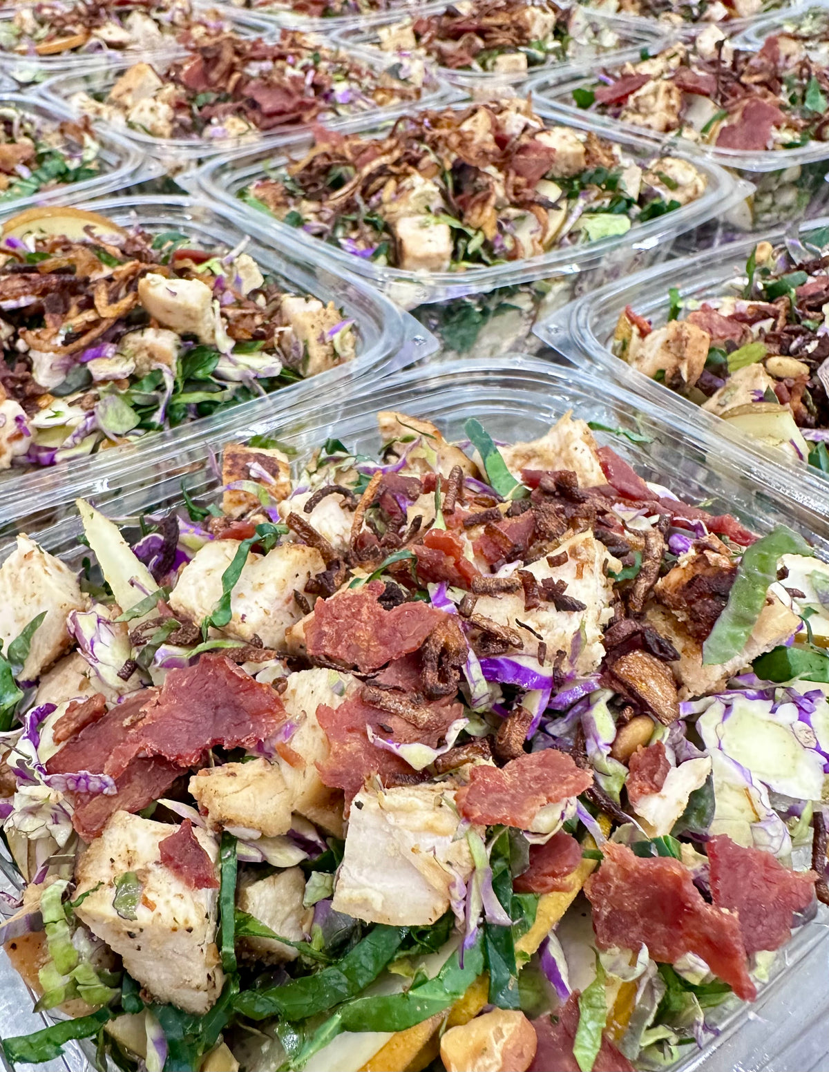 shaved brussels salad with seared chicken, turkey bacon + maple mustard vinaigrette