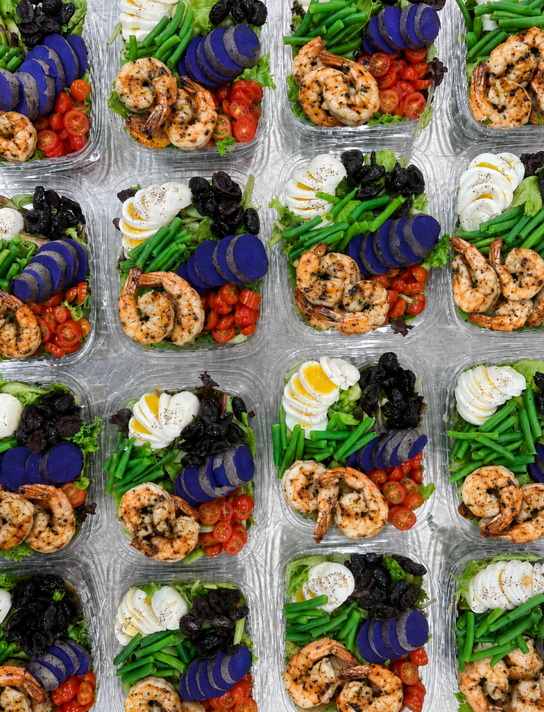 niçoise kale salad with grilled shrimp + dijon vinaigrette