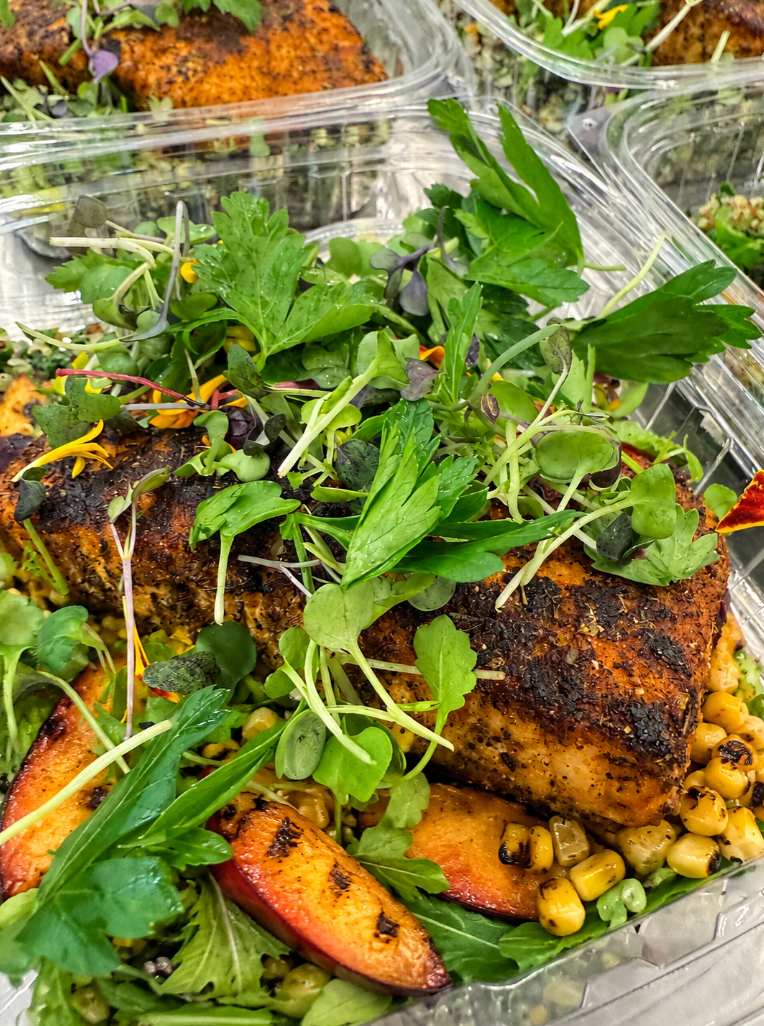 blackened salmon with grilled nectarines, corn + chicories