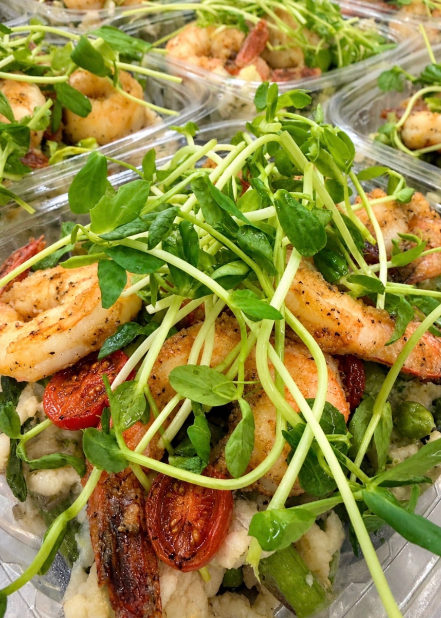 summer risotto with basil pesto, garlicky tomatoes, wild shrimp