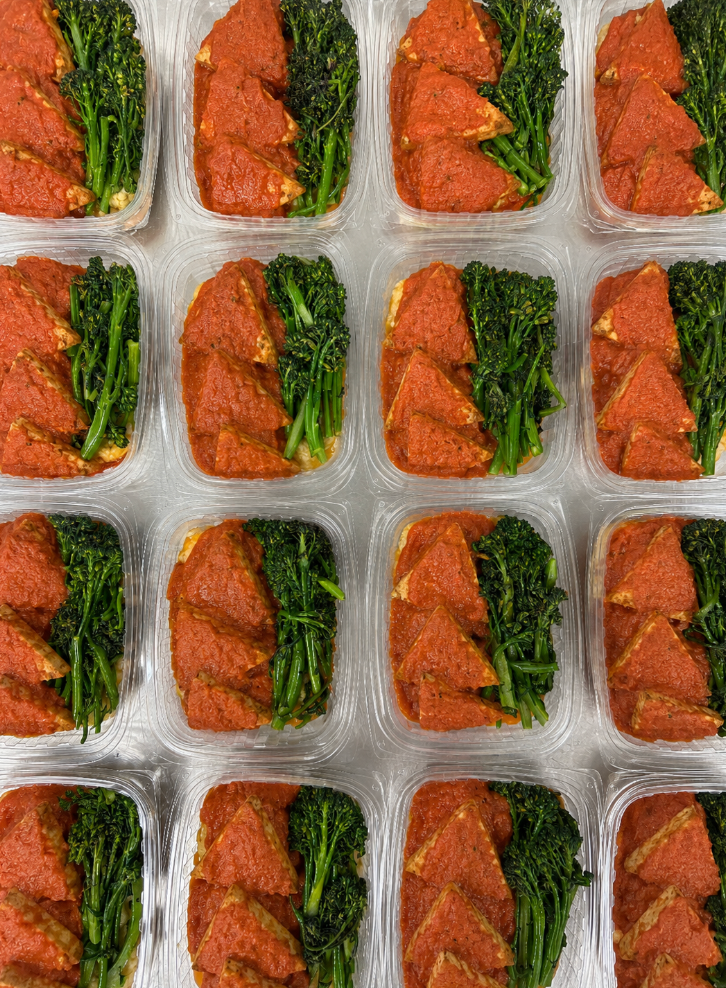 tuscan tempeh triangles with artichoke, rapini, fingerlings