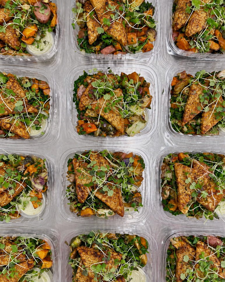 lemon basil tempeh with haricot vert, cauliflower + caper tartar sauce