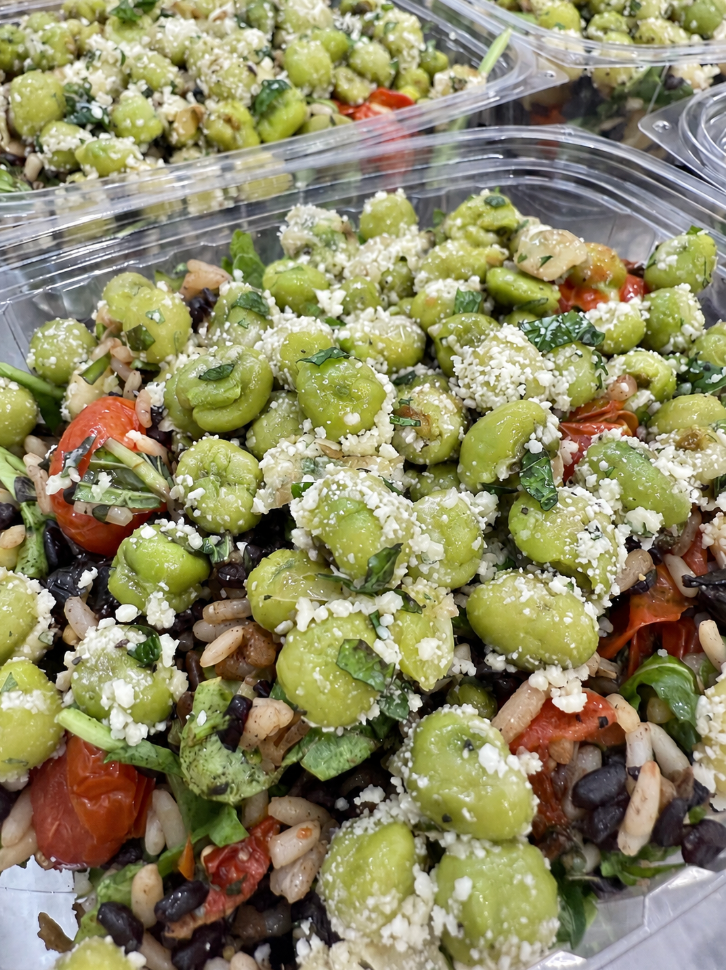 caponata rice bowl with pecorino-crusted fava beans