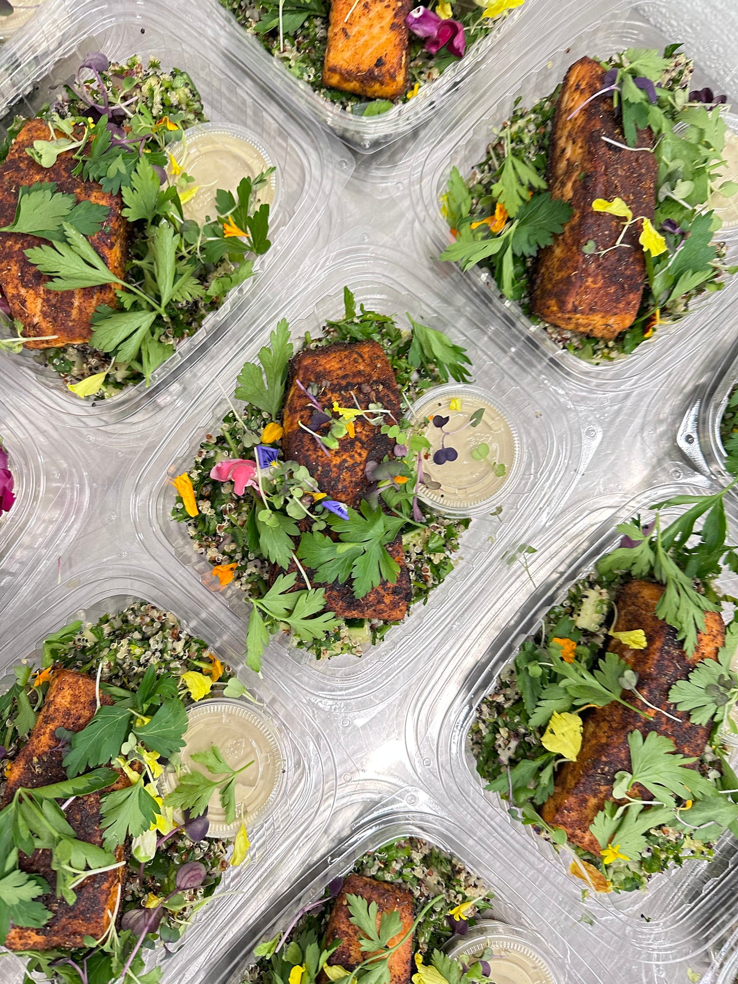 blackened salmon with quinoa tabbouli, lentils + lemon tahini dip