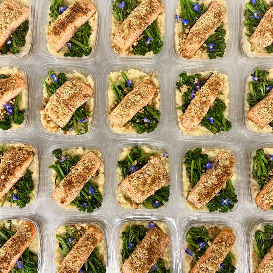 hazelnut crusted salmon with sweet potato carrot mash and broccolini