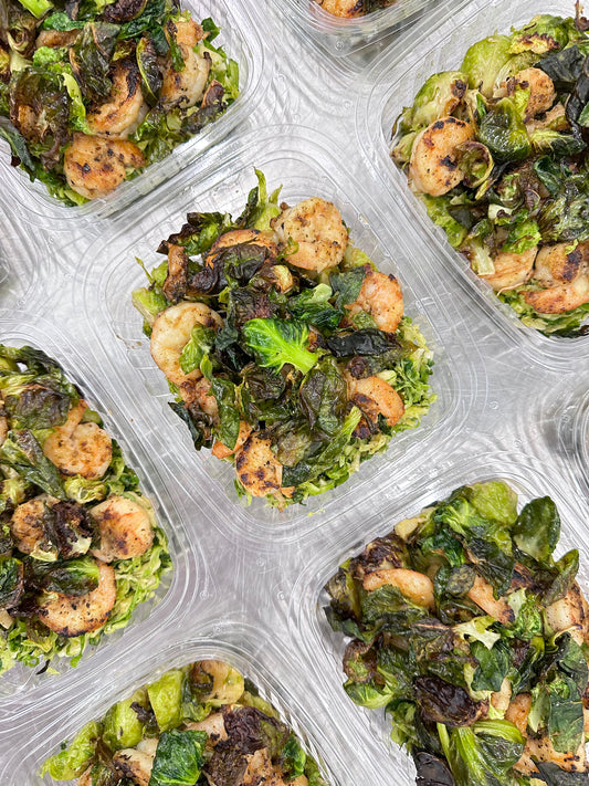 pink peppercorn shrimp with brussels sprouts 3 ways