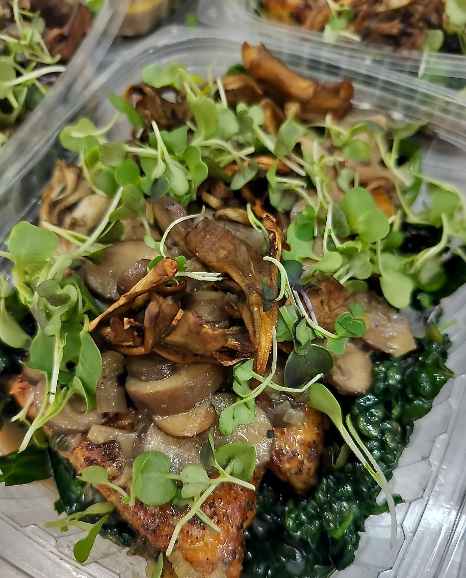 tempeh marsala with cauli-corn polenta + sautéed greens